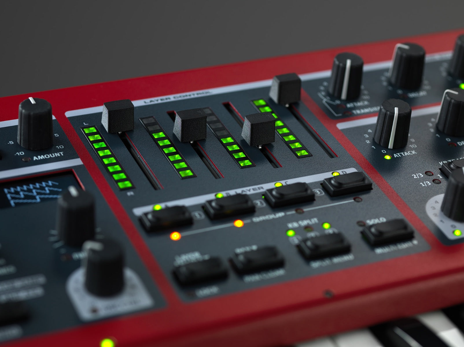 Detail closeup of Nord Wave 2 61-Key Performance Synthesizer control panel showing Layer control section