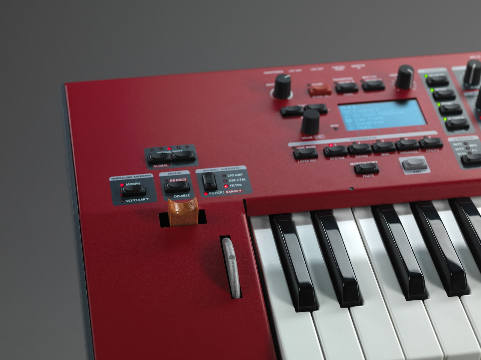 Detail closeup of Nord Wave 2 61-Key Performance Synthesizer showing performance controls
