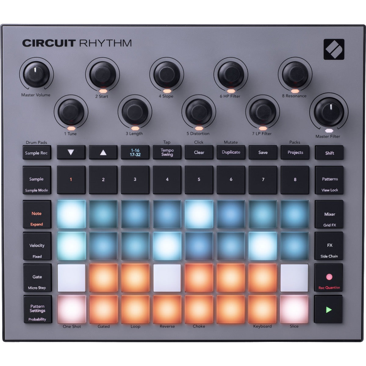 Top view of Novation Circuit Rhythm Standalone Beatmaking Sampler with RGB pads lit up in blue, orange, light blue and red