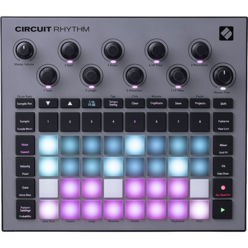 Top view of Novation Circuit Rhythm Standalone Beatmaking Sampler with RGB pads lit up in blue, purple, light blue and red