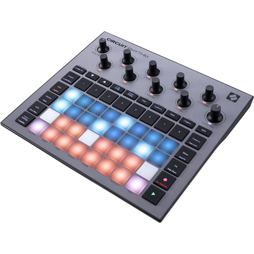 3/4 view of Novation Circuit Rhythm Standalone Beatmaking Sampler showing top, front and right side