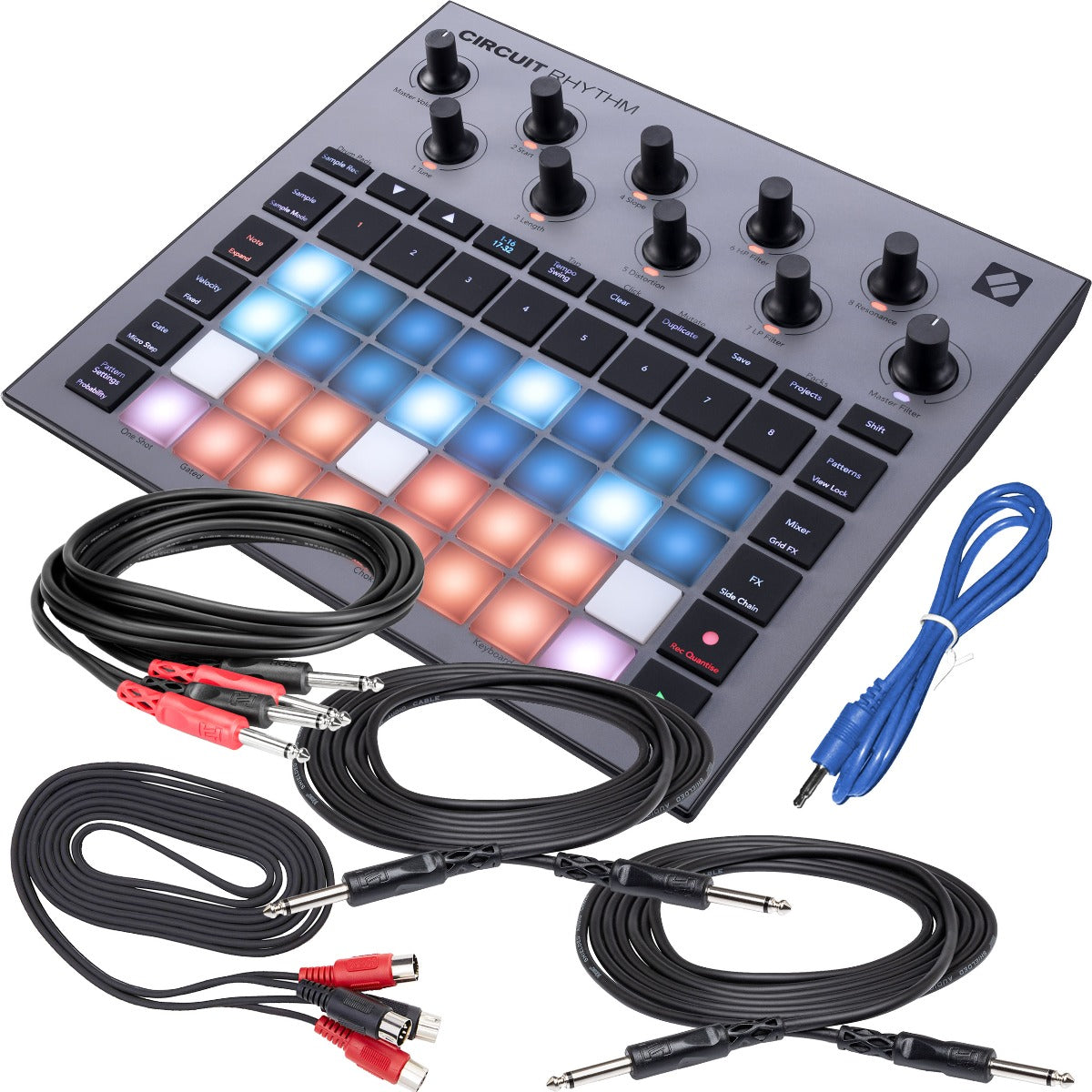 Collage image of the Novation Circuit Rhythm Standalone Beatmaking Sampler CABLE KIT bundle