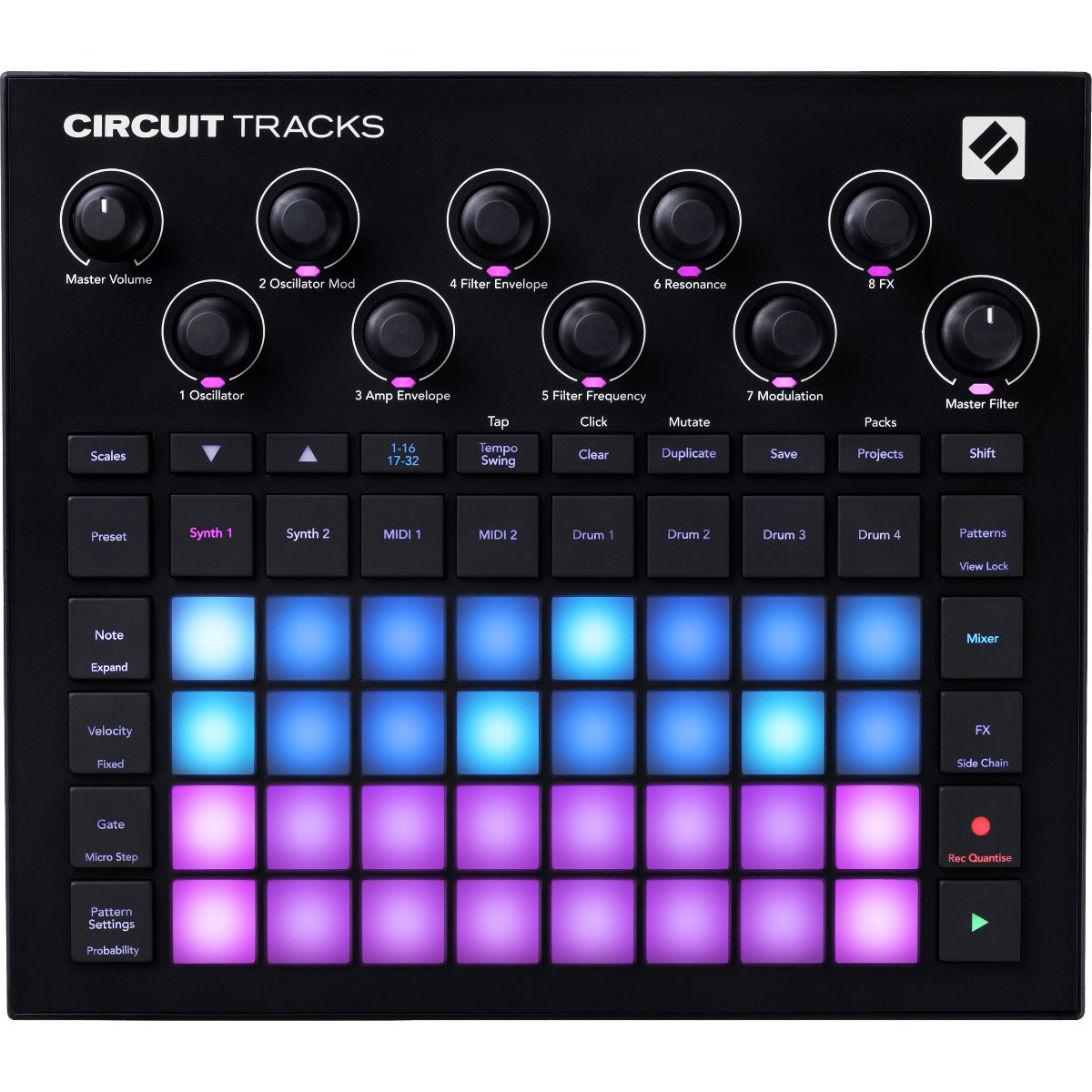 Top view of Novation Circuit Tracks Groovebox with Synths, Drums and Sequencer