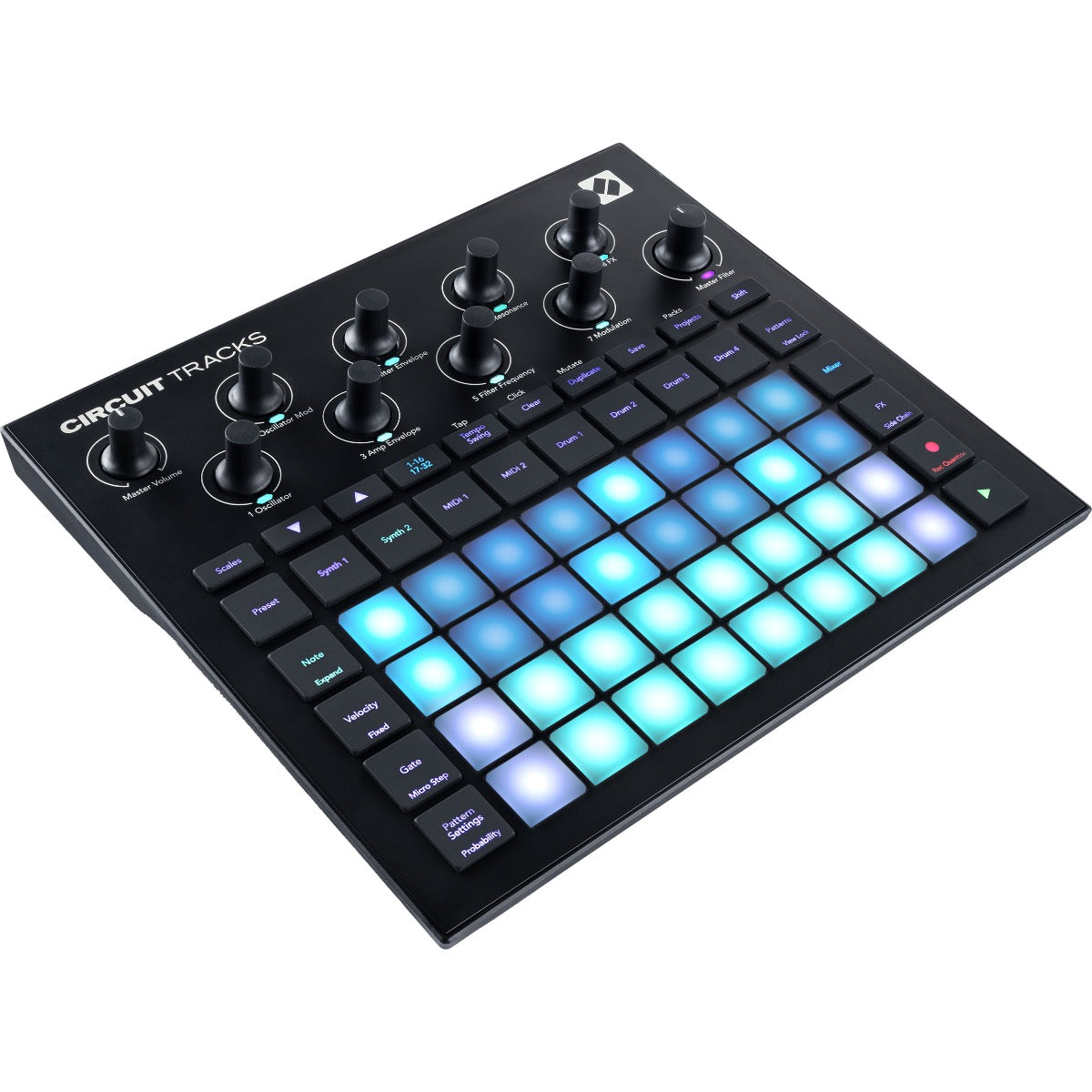 3/4 view of Novation Circuit Tracks Groovebox with Synths, Drums and Sequencer showing top, front and left side