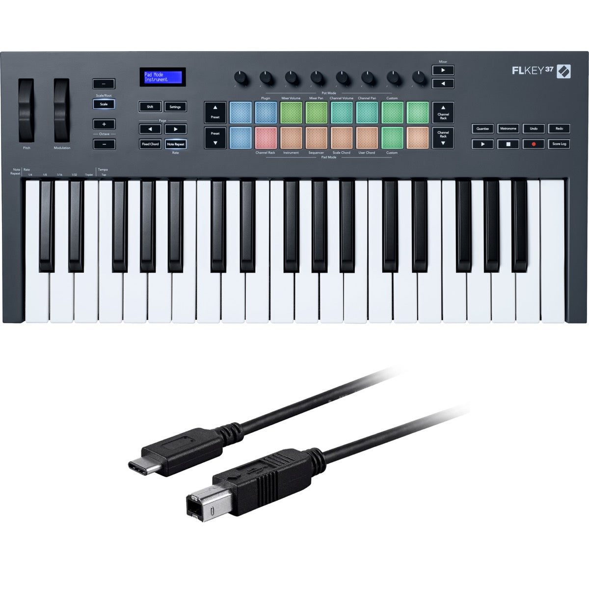 Collage showing components in Novation FLkey 37 USB-MIDI Keyboard Controller for FL Studio CABLE KIT