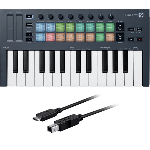 Collage showing components in Novation FLkey Mini USB-MIDI Keyboard Controller for FL Studio CABLE KIT