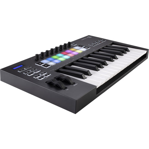 3/4 view of Novation Launchkey 25 MK3 Keyboard Controller showing top, front and left side