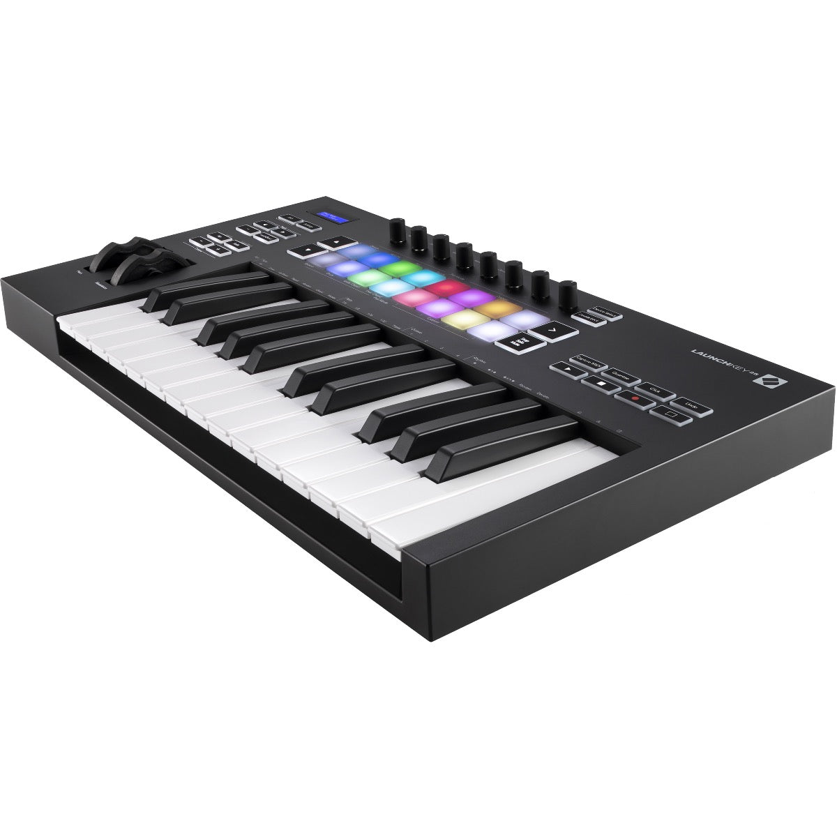 3/4 view of Novation Launchkey 25 MK3 Keyboard Controller showing top, front and right side