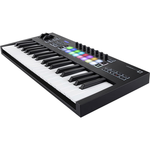 3/4 view of Novation Launchkey 37 MK3 Keyboard Controller showing top, front and right side