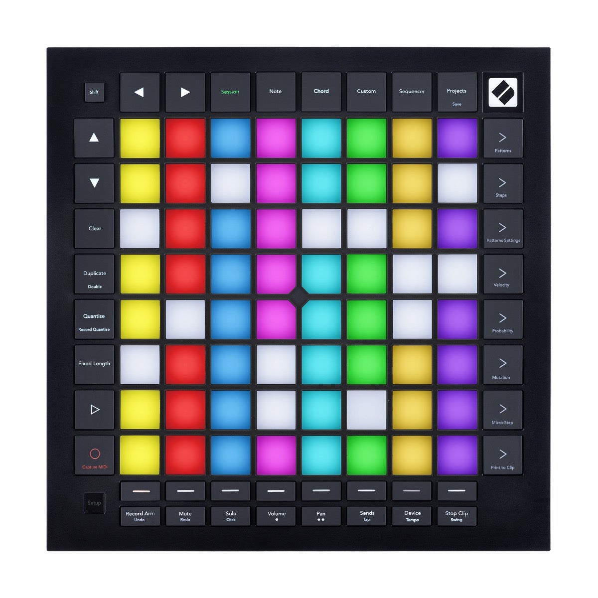 Top view of Novation Launchpad Pro with pads lit up in yellow, red, blue, purple, light blue, green and white