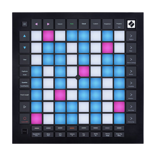 Top view of Novation Launchpad Pro with pads lit up in blue, pink and white