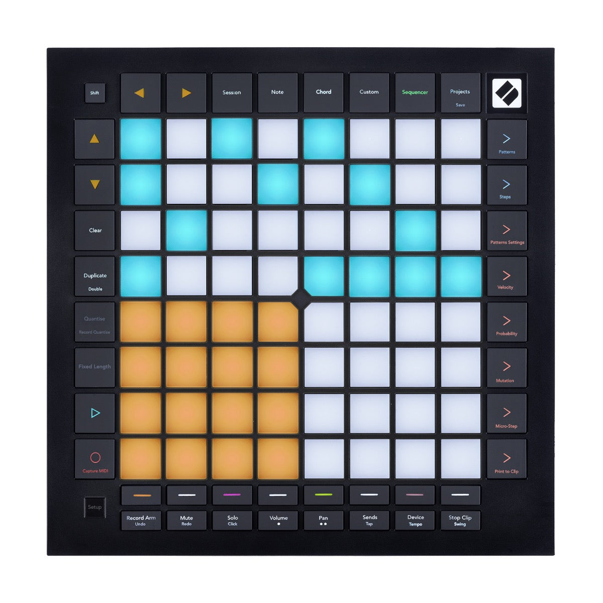 Top view of Novation Launchpad Pro with pads lit up in blue, orange and white