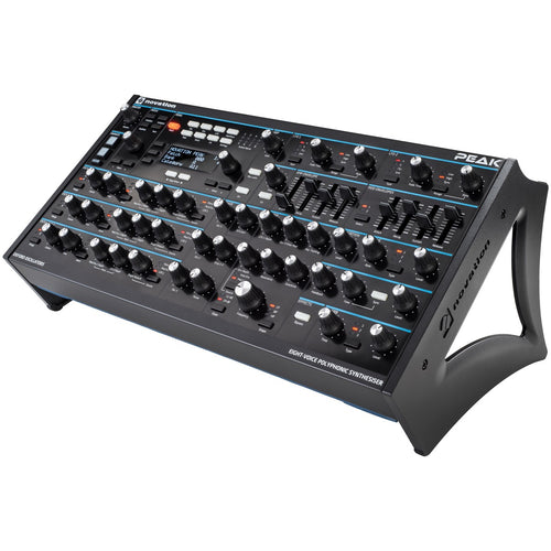 3/4 view of Novation Peak 8-Voice Polyphonic Desktop Synthesizer on stand showing top, right side and front