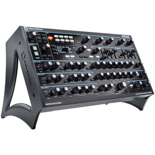 3/4 view of Novation Peak 8-Voice Polyphonic Desktop Synthesizer on stand showing top, left side and front
