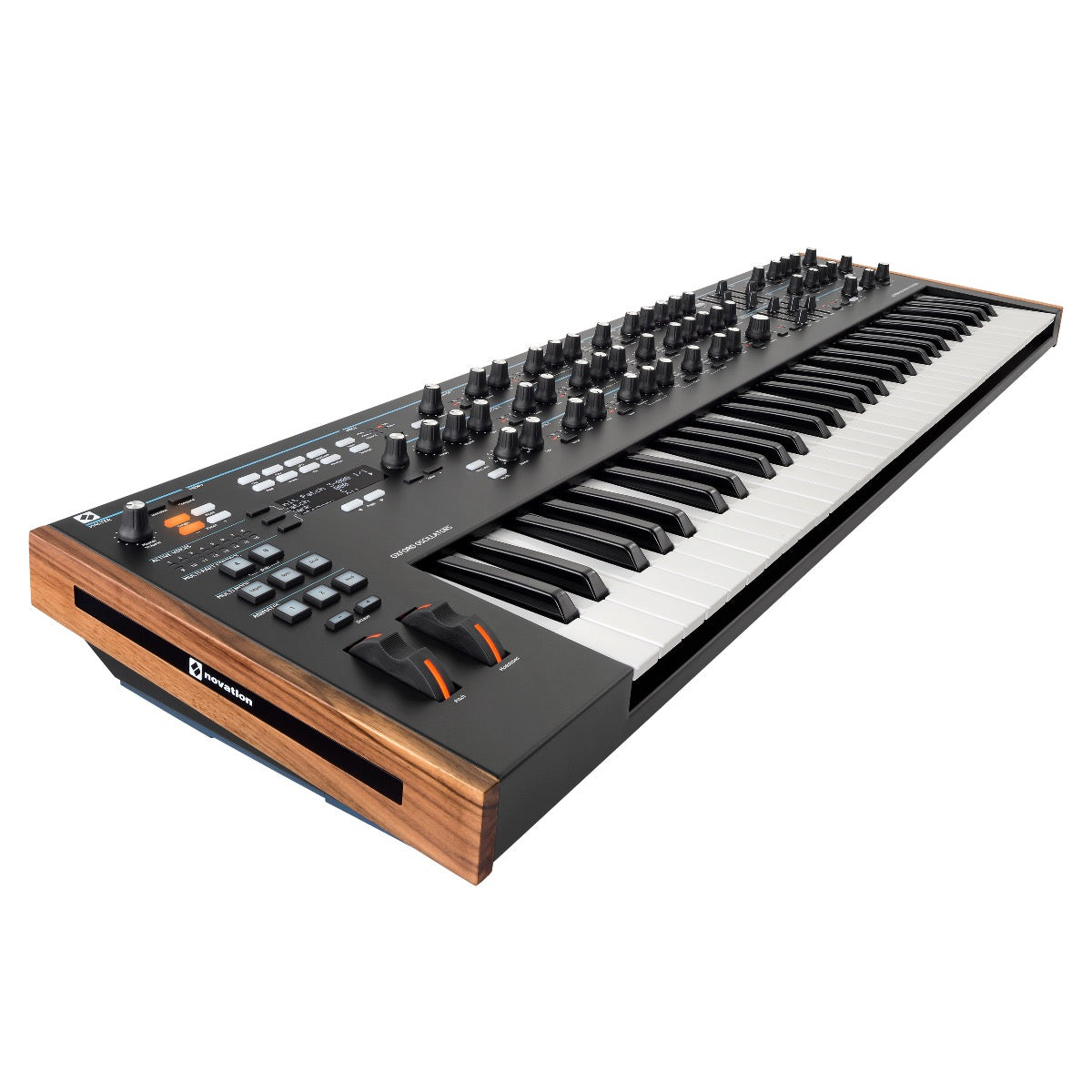 3/4 view of Novation Summit 16-Voice Polyphonic Keyboard Synthesizer showing top, left side and front