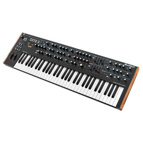 3/4 view of Novation Summit 16-Voice Polyphonic Keyboard Synthesizer showing top, right side and front