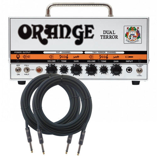 Collage of the Orange Dual Terror 2-Channel 30-Watt Tube Head BONUS PAK showing included components