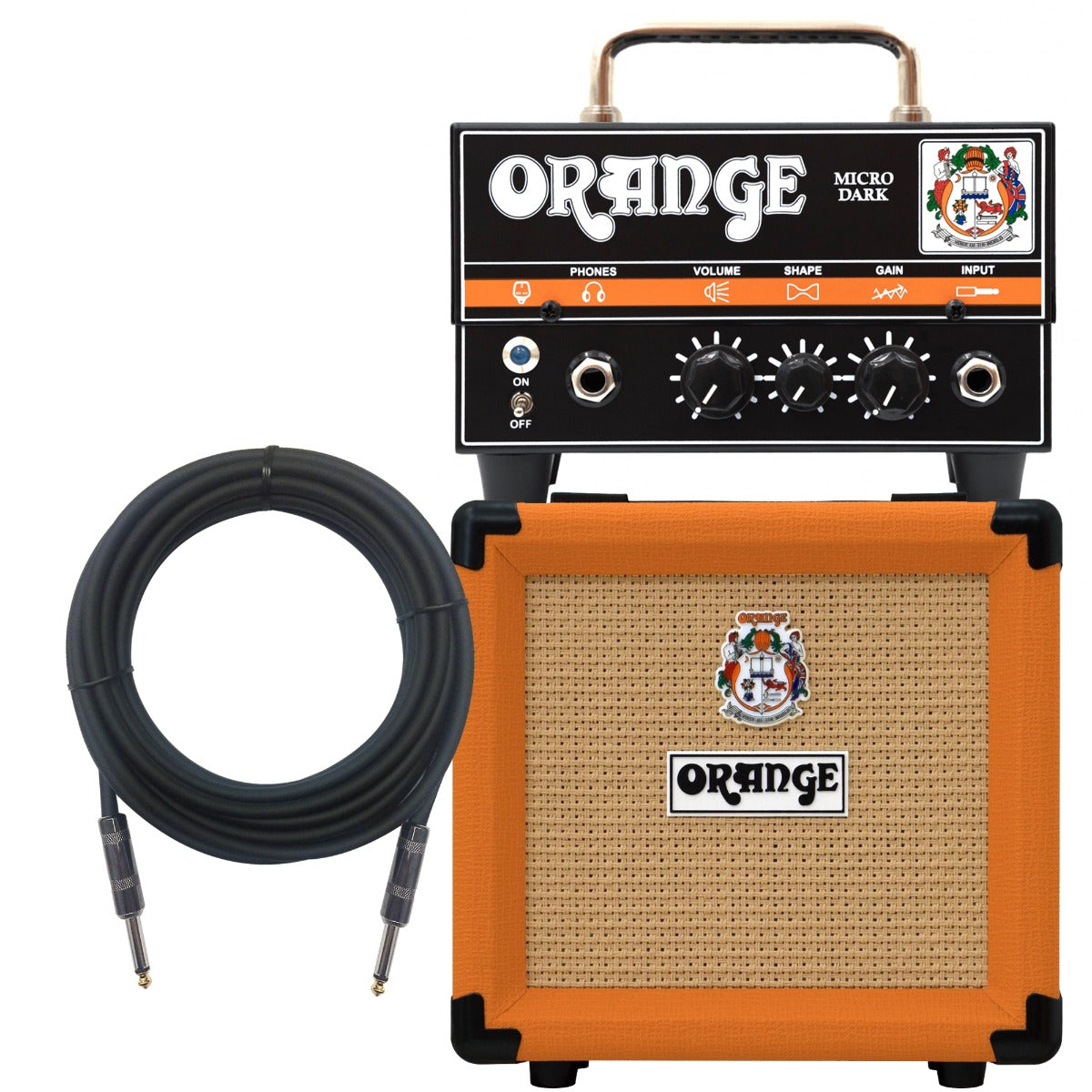 Collage of the components in the Orange Micro Dark 20-watt Hybrid Guitar Head STUDIO PAK bundle