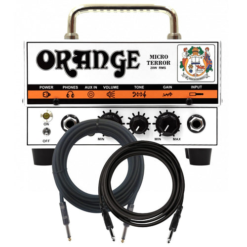 Collage of the components in the Orange Micro Terror 20-watt Hybrid Guitar Head BONUS PAK bundle