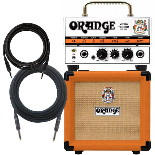 Collage of the components in the Orange Micro Terror 20-watt Hybrid Guitar Head STUDIO PAK bundle