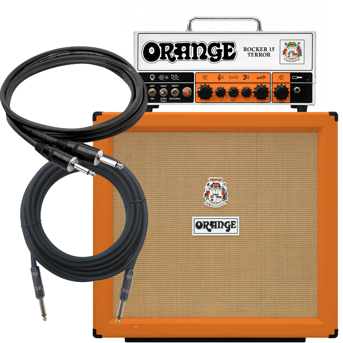 Collage of everything included with the Orange Rocker 15 Terror 15-watt Tube Head 4x12 BUNDLE
