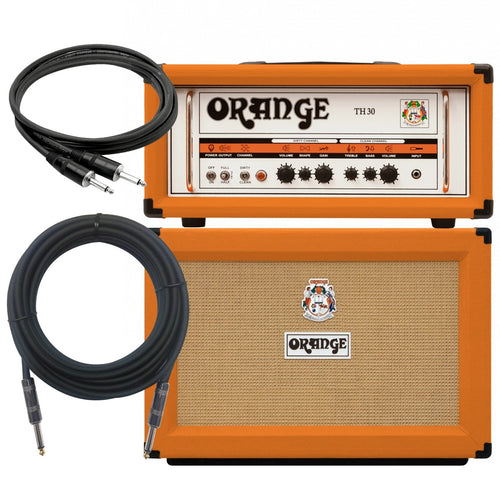Collage of the Orange TH30H 30/15/7 Watt Amp Head with 2X12 BUNDLE showing included components