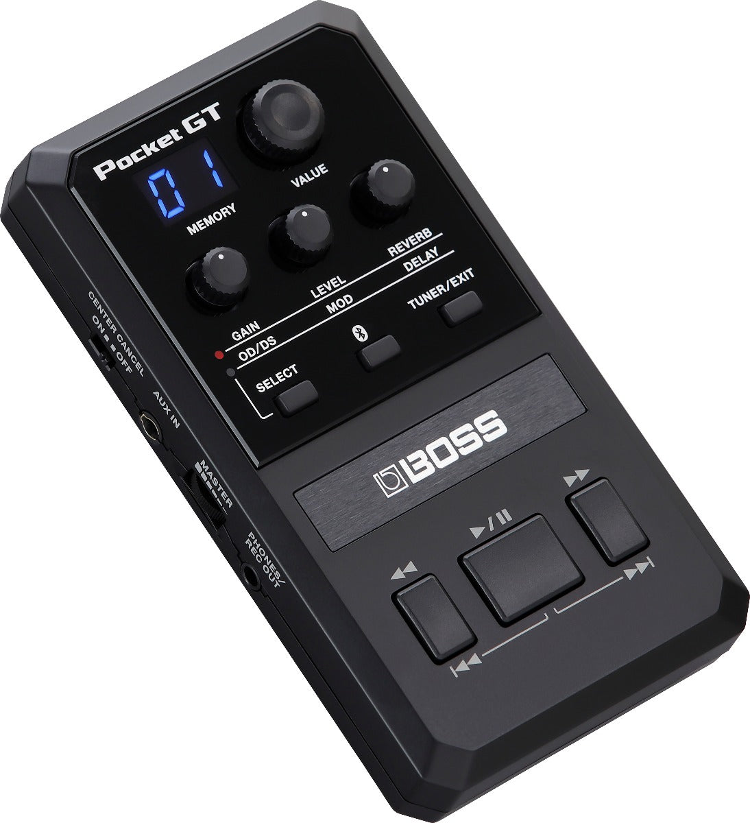 Perspective view of Boss Pocket GT Guitar Effects Processor showing top and left side