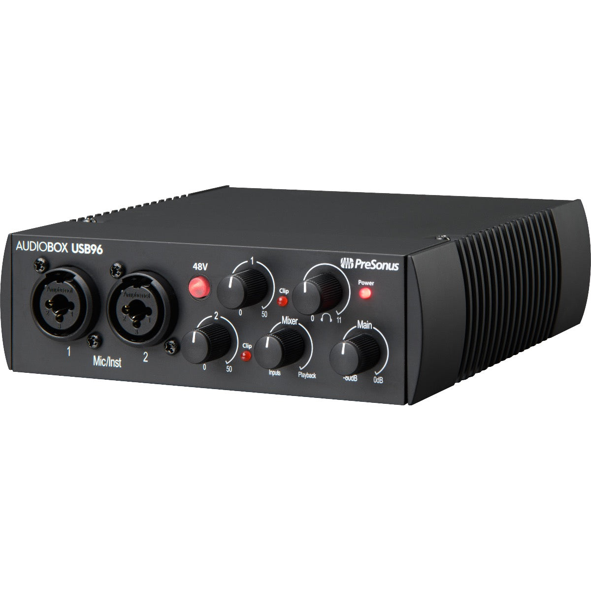 3/4 view of PreSonus AudioBox USB 96 25th Anniversary Edition Audio Interface showing front, top and right side