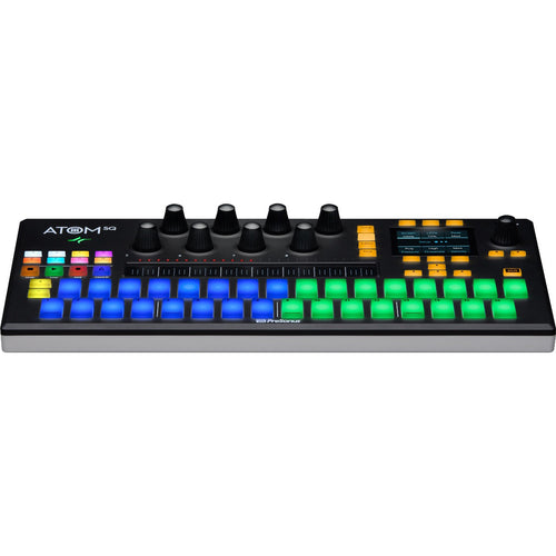 Perspective view of PreSonus Atom SQ Keyboard/Pad Controller with keyboard/step pads lit up green and blue showing top and front