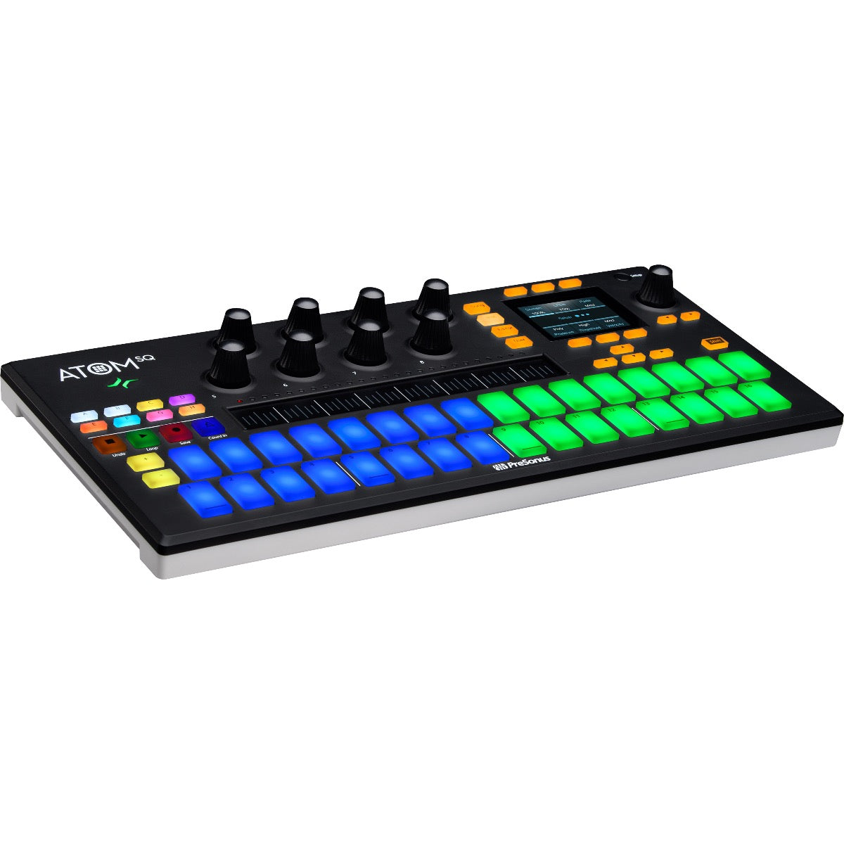 3/4 view of PreSonus Atom SQ Keyboard/Pad Controller with keyboard/step pads lit up green and blue showing top, front and left side