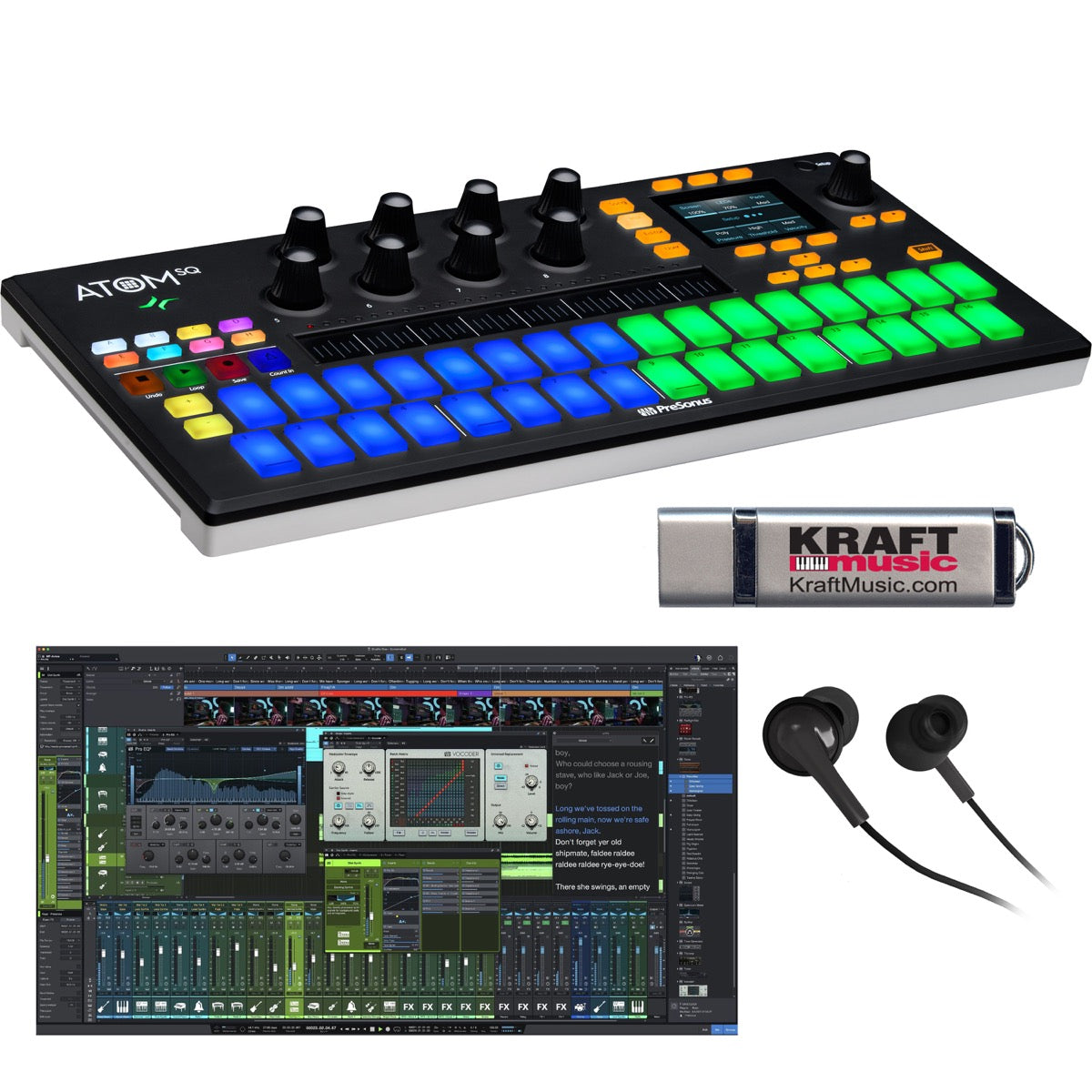 Collage showing components in PreSonus Atom SQ Keyboard/Pad Controller with Studio One 6 Professional BUNDLE