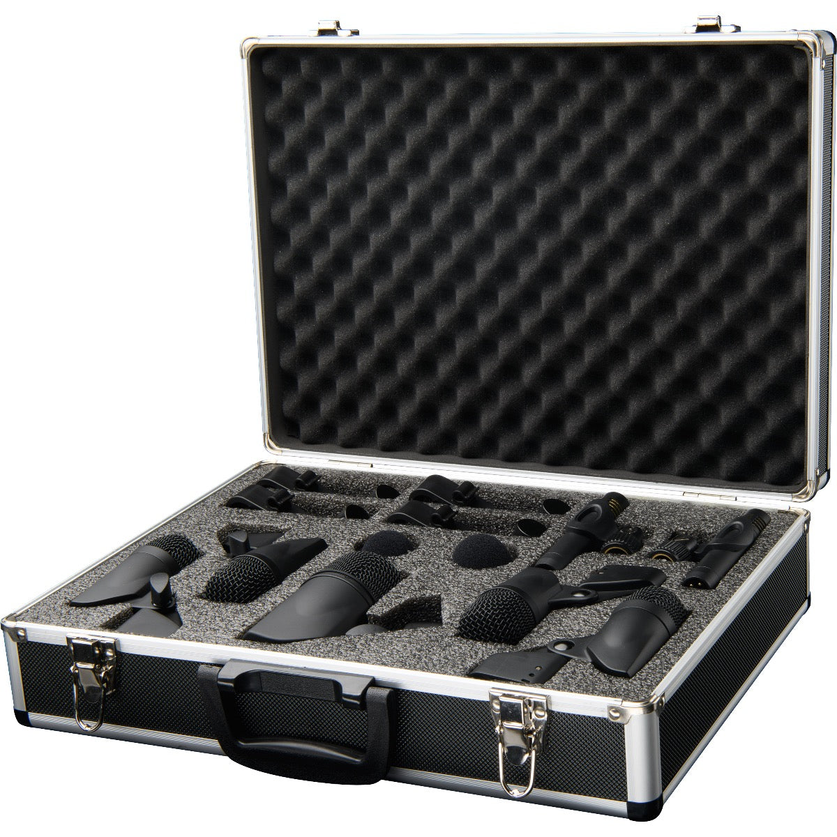 3/4 view of PreSonus DM-7 Drum Microphone Set in carrying case showing top, front and right side