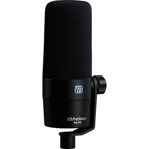 Perspective view of PreSonus PD-70 Broadcast Dynamic Microphone showing front and left side