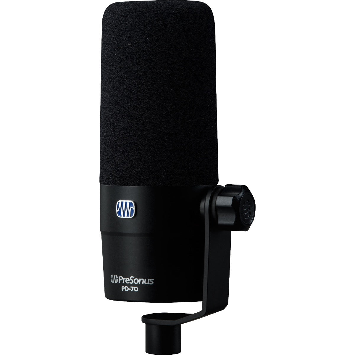 Perspective view of PreSonus PD-70 Broadcast Dynamic Microphone showing front and right side