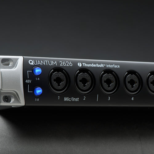PreSonus Quantum 2626 Thunderbolt Audio Interface - closeup left angle front panel
