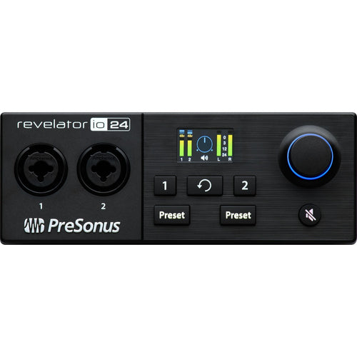 Front view of PreSonus Revelator io24 USB-C Audio & MIDI Interface