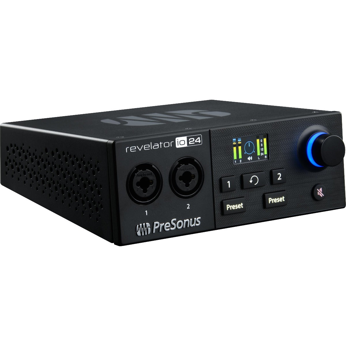 3/4 view of PreSonus Revelator io24 USB-C Audio & MIDI Interface showing front, left side and top