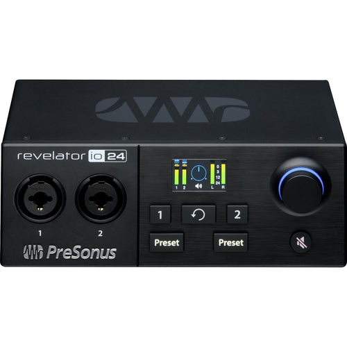 Perspective view of PreSonus Revelator io24 USB-C Audio & MIDI Interface showing front and top
