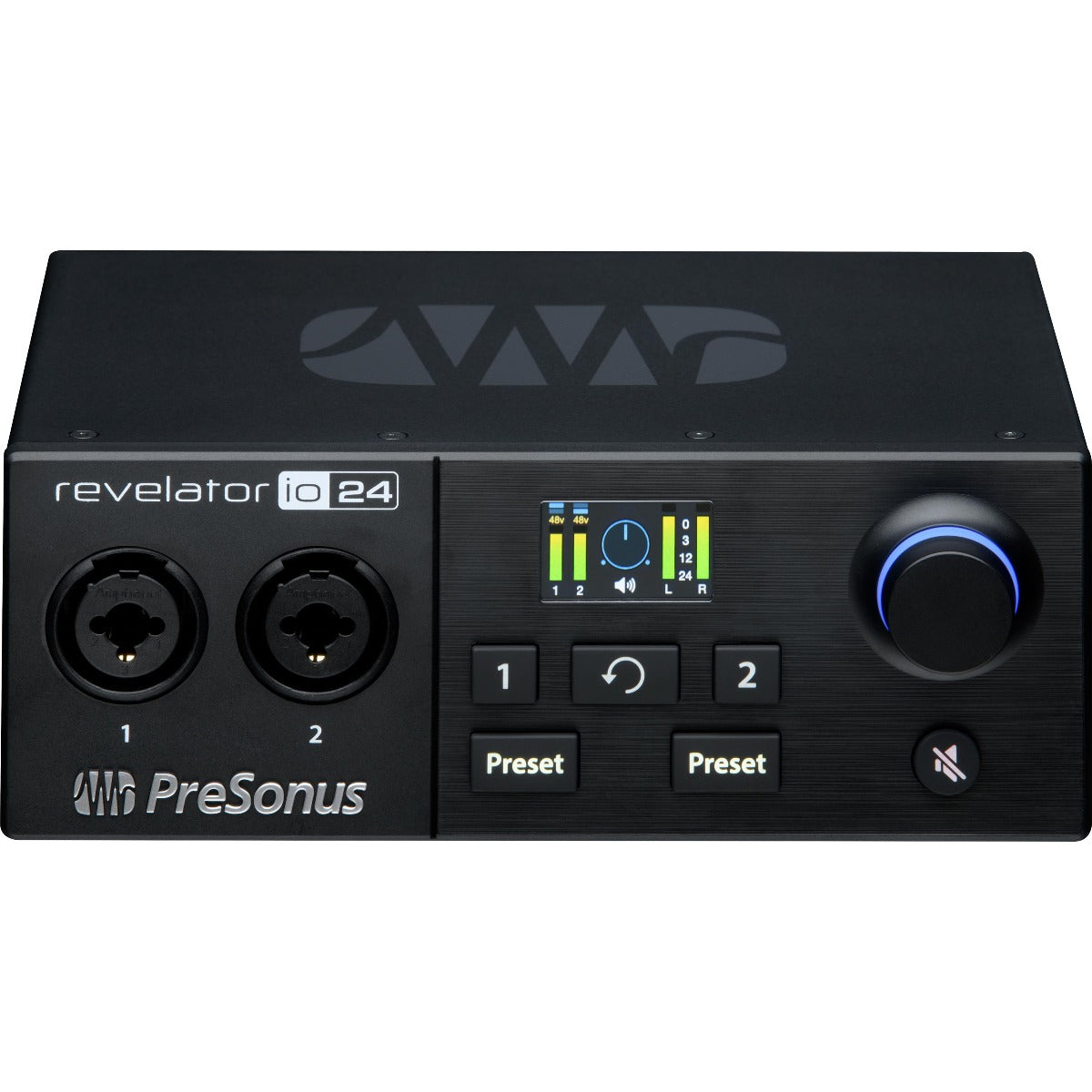 Perspective view of PreSonus Revelator io24 USB-C Audio & MIDI Interface showing front and top