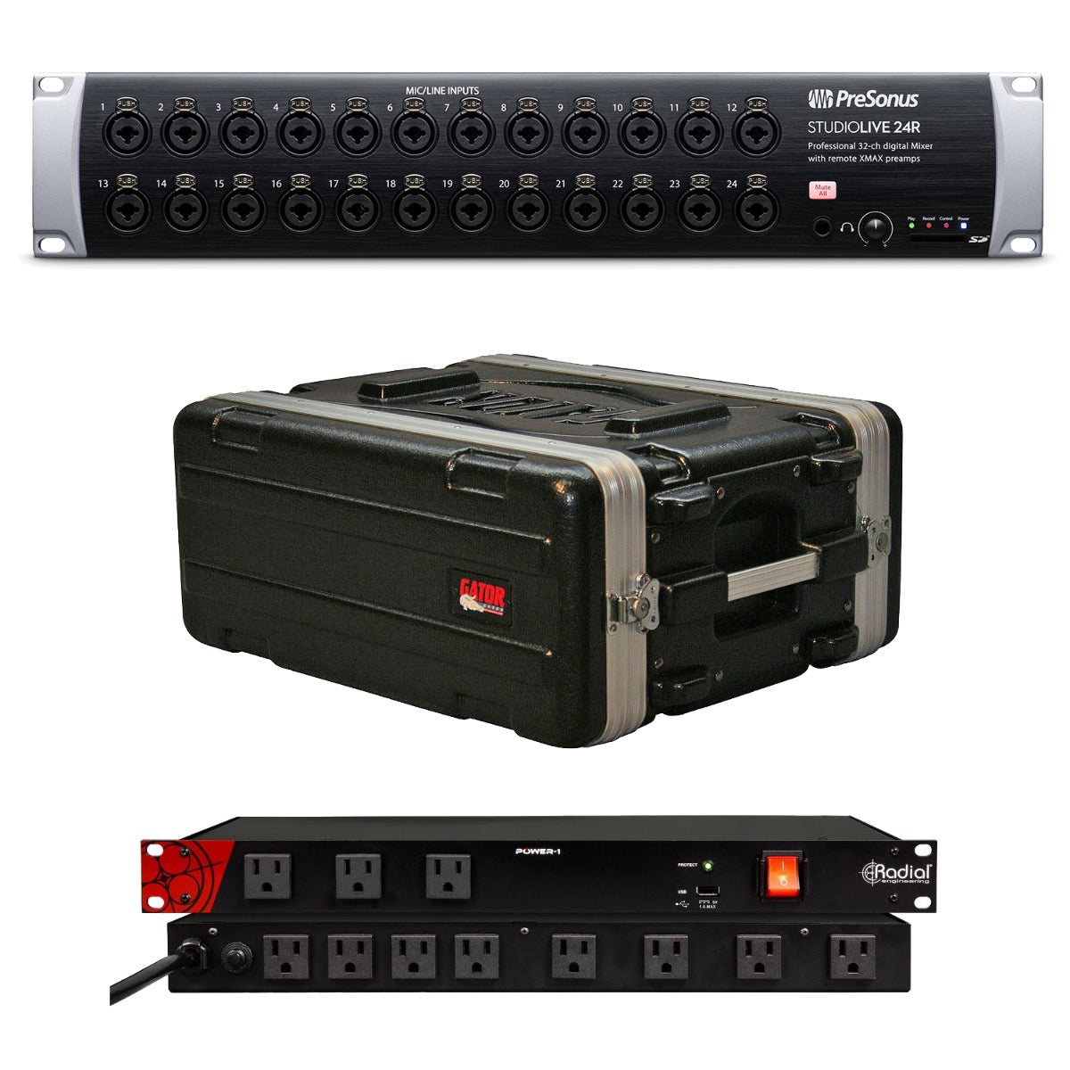 Collage image of the PreSonus StudioLive 24R Rack Mixer STAGE PAK