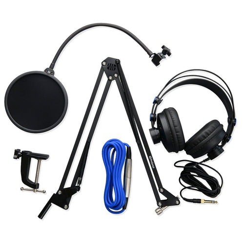 Microphone boom arm, pop filter, headphones, and XLR cable