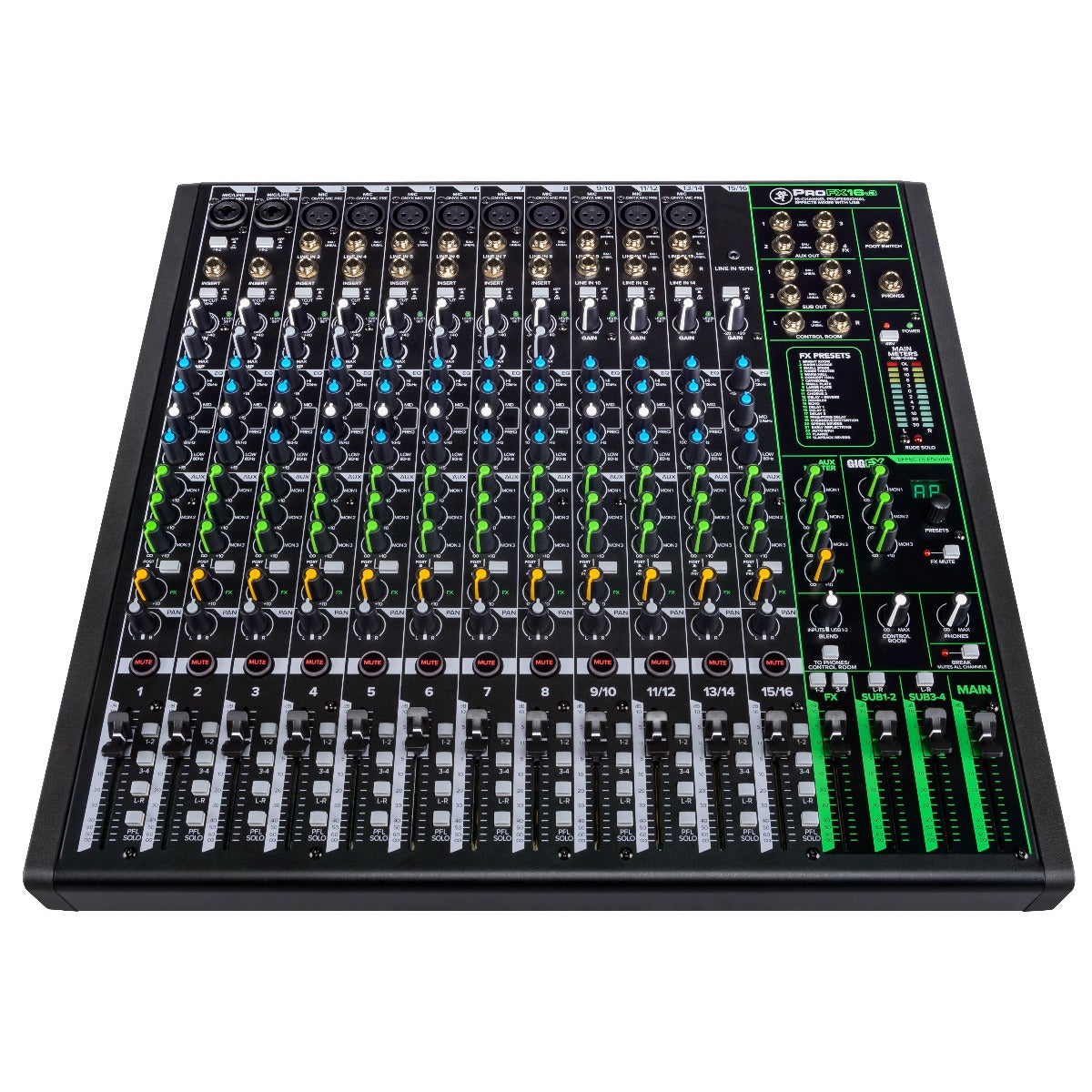 Front slant high view of Mackie ProFX16v3 Effects Mixer with USB