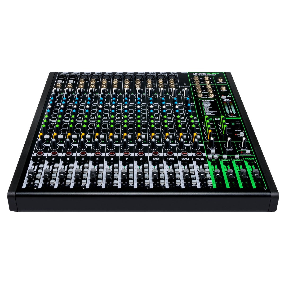 Front slant low view of Mackie ProFX16v3 Effects Mixer with USB