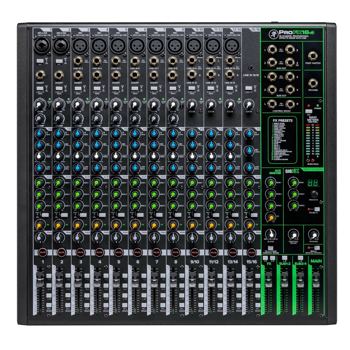 Top view of  Mackie ProFX16v3 Effects Mixer with USB