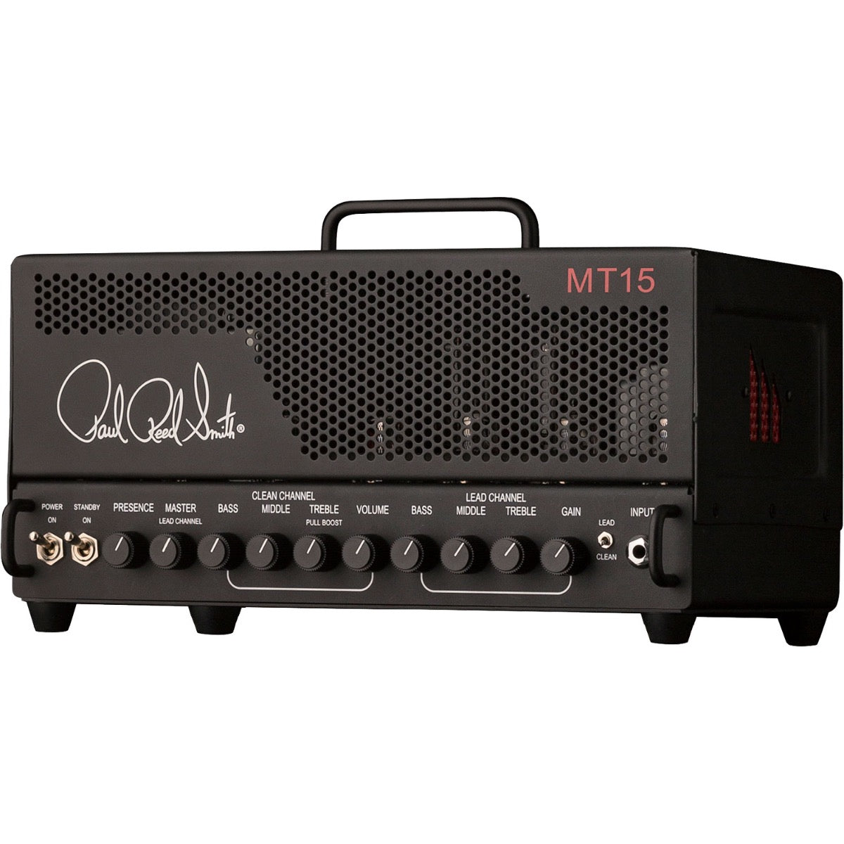 Perspective view of PRS MT15 Mark Tremonti Signature 15W Tube Guitar Amplifier Head showing front and right side