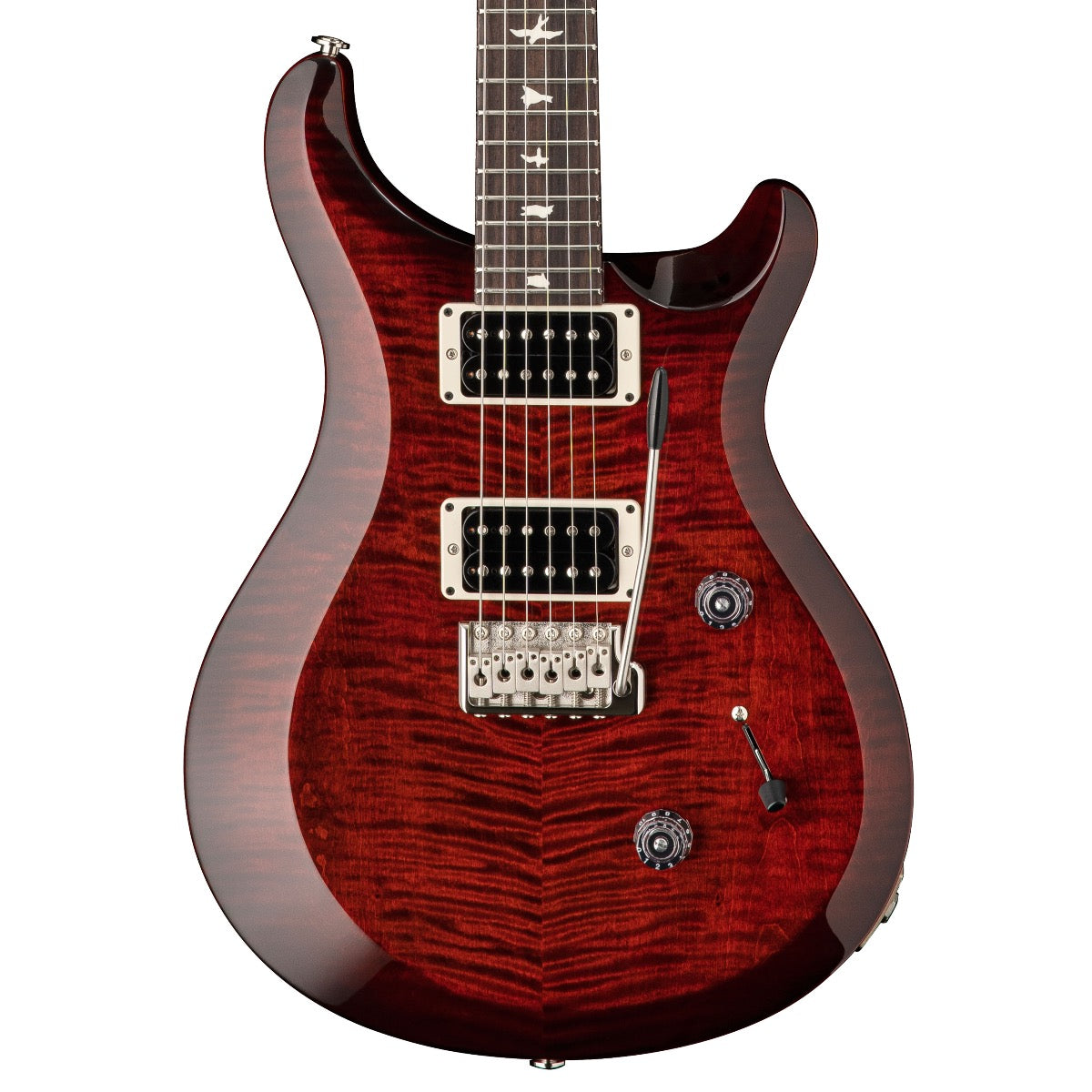 Close-up top view of PRS S2 Custom 24 Electric Guitar - Fire Red Burst showing body and portion of fingerboard