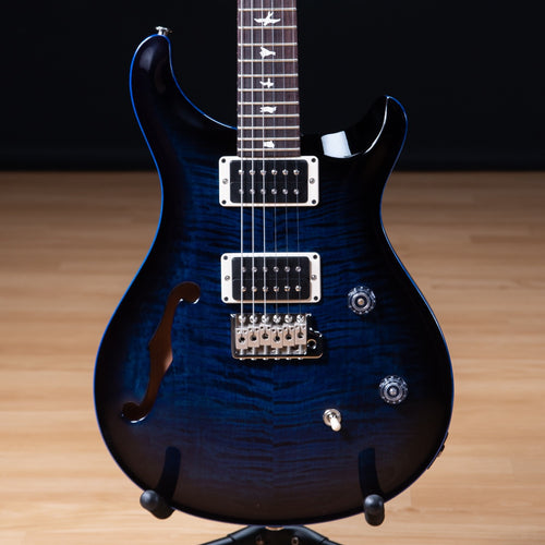 Top close-up view of PRS CE 24 Semi-Hollow Electric Guitar - Whale Blue Smokeburst showing body and portion of fretboard