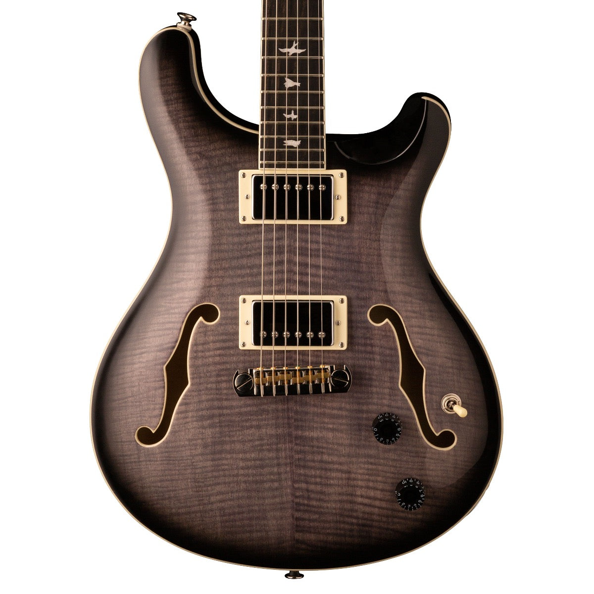 Close-up top view of PRS SE Hollowbody II Electric Guitar - Charcoal Burst  showing body and portion of fingerboard