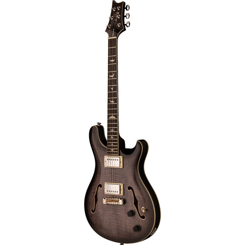 Angle view of the PRS SE Hollowbody II Electric Guitar - Charcoal Burst