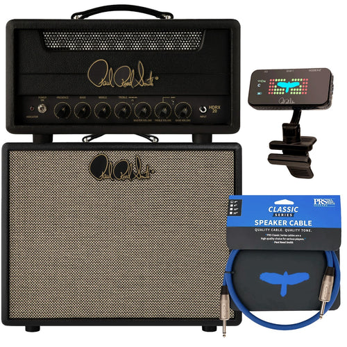 Collage of the PRS HDRX 20 - 20-watt Guitar Amplifier Head 1x12 BUNDLE showing included components